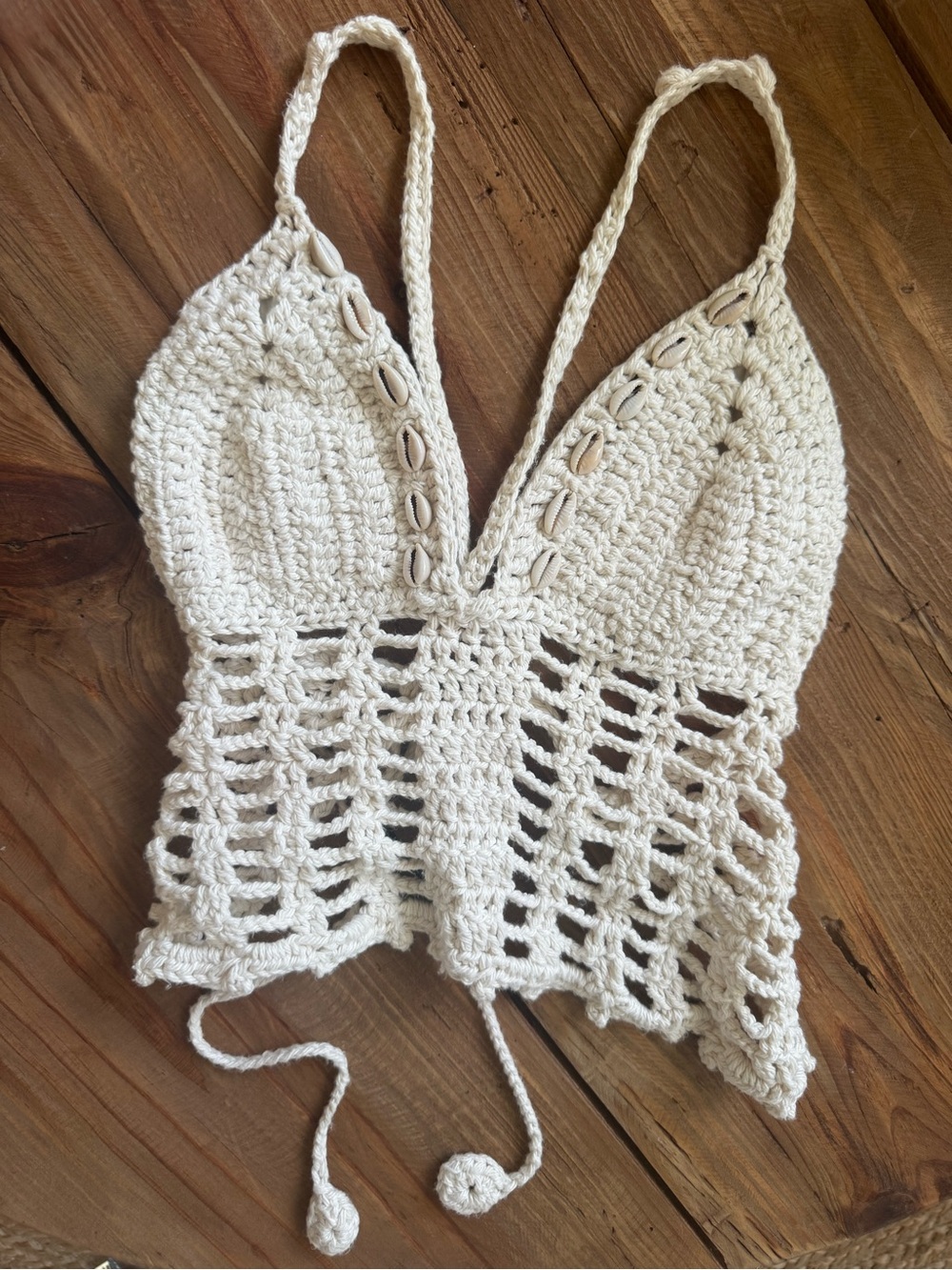 Crochet Shell-Trim Top in Natural Cream/ Ivory